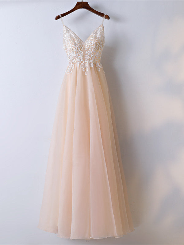 A Line Spaghetti Straps V Neck Lace Pink Prom Dresses, Pink Lace Formal Dresses, Evening Dresses