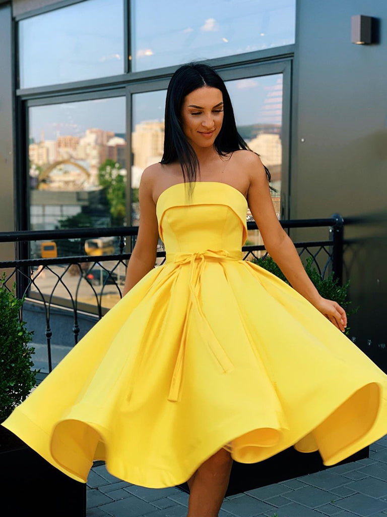 A Line Strapless Short Pink Yellow Prom Dresses, Strapless Short Pink Formal Graduation Homecoming Dresses