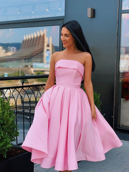 A Line Strapless Short Pink Yellow Prom Dresses, Strapless Short Pink Formal Graduation Homecoming Dresses