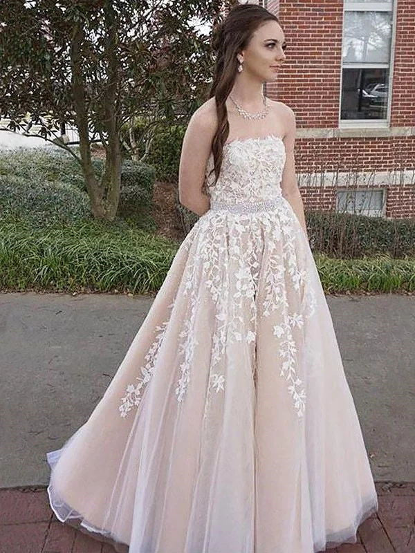 A Line Strapless Sleeveless Floor-Length Applique Lace Champagne Prom Dress, Champagne Lace Formal Dress