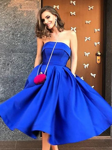 A Line Strapless Tea Length Royal Blue Satin Prom Dresses with Pockets, Royal Blue Homecoming Dresses, Formal Dresses, Evening Dresses