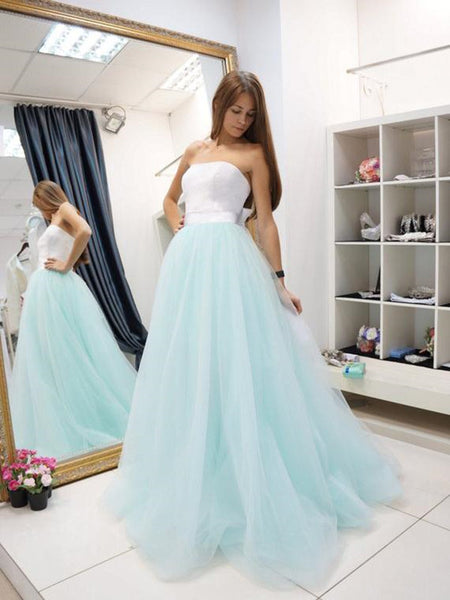 A Line Strapless Two Pieces Floor Length Lace Light Blue Prom Dresses, Blue Formal Dresses