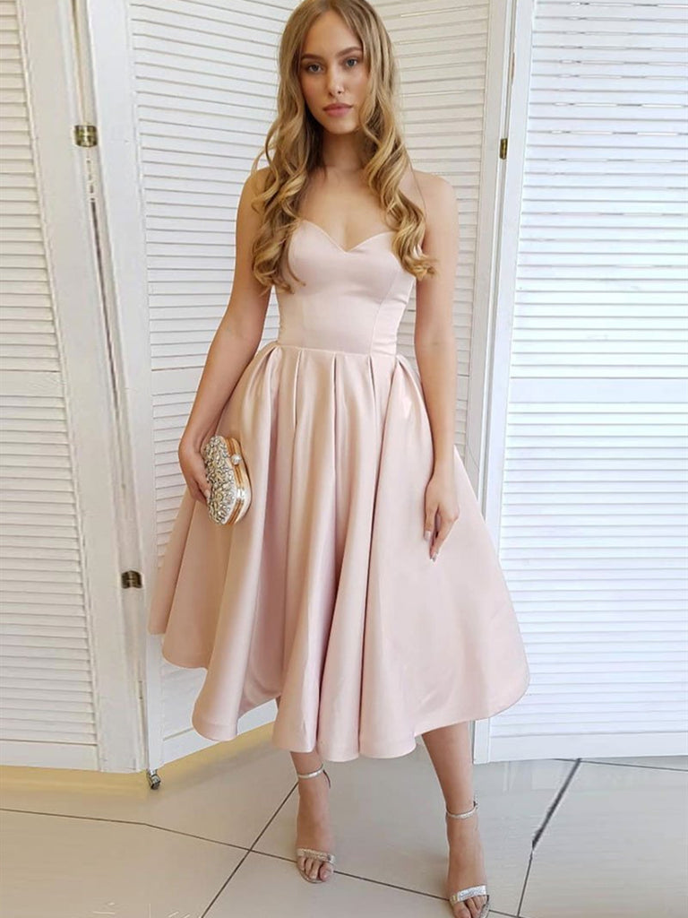 A Line Sweetheart Neck Strapless Tea Length Champagne Prom Dresses Homecoming Dresses, Strapless Pink Formal Graduation Evening Dresses