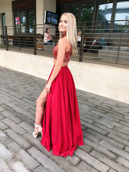 A Line Two Pieces High Neck Red Prom Dresses, 2 Pieces Red Graduation Dresses, Formal Dresses