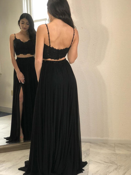 A Line Two Pieces Lace Black Long Prom Dresses with Slit, Two Pieces Black Formal Dresses, Lace Black Evening Dresses