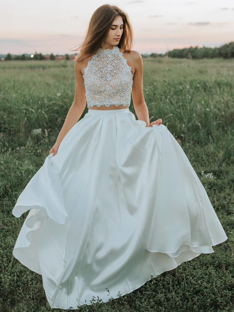 A Line Two Pieces Lace White Prom Dresses, White Lace Formal Dresses, Shiny Party A Line Two Pieces Lace White Prom Dresses, White Lace Formal Dresses, Shiny Party