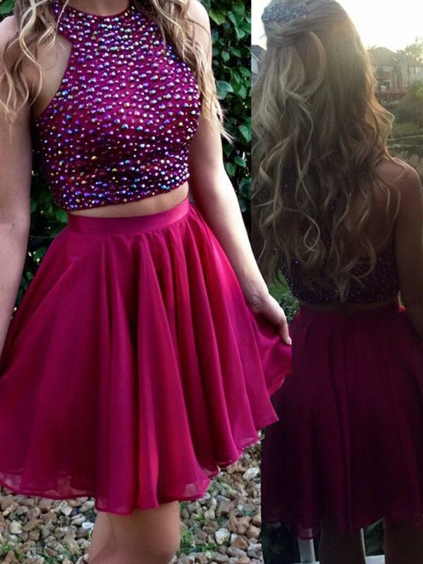 A Line Two Pieces Scoop Neck Prom Dress, Two Pieces Homecoming Dress, Shiny Party A Line Two Pieces Scoop Neck Prom Dress, Two Pieces Homecoming Dress, Shiny Party
