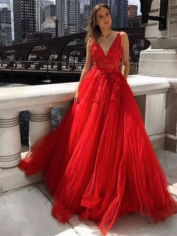 A Line V Neck Appliques Red Lace Long Prom Dresses 2020, Red Lace Appliques Formal Dresses, Red Lace Evening Dresses