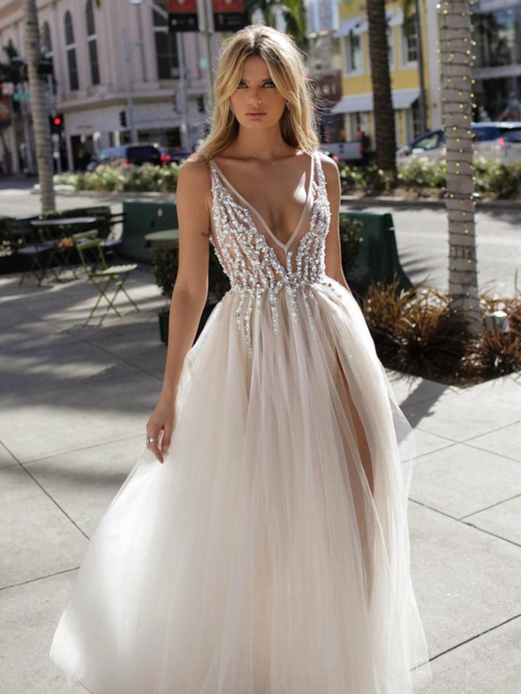 A Line V Neck Ivory Lace Long Prom Wedding Dress with High Slit