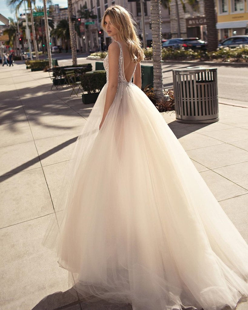A Line V Neck Backless Beaded Ivory Prom Dresses Wedding Dresses with Shiny Party A Line V Neck Backless Beaded Ivory Prom Dresses Wedding Dresses with Shiny Party