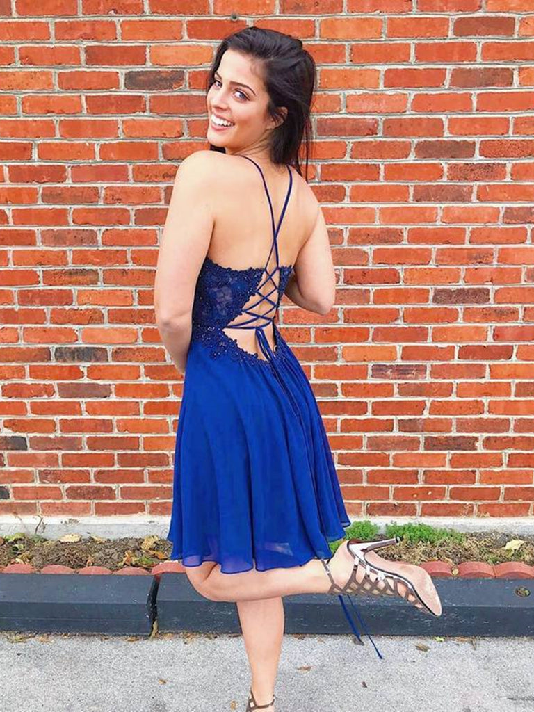 A Line V Neck Backless Beaded Lace Blue Short Prom Dresses Homecoming Shiny Party A Line V Neck Backless Beaded Lace Blue Short Prom Dresses Homecoming Shiny Party