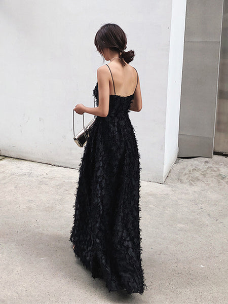 A Line V Neck Backless Black Lace Long Prom Dresses, Lace Black Formal Dresses, Evening Dresses