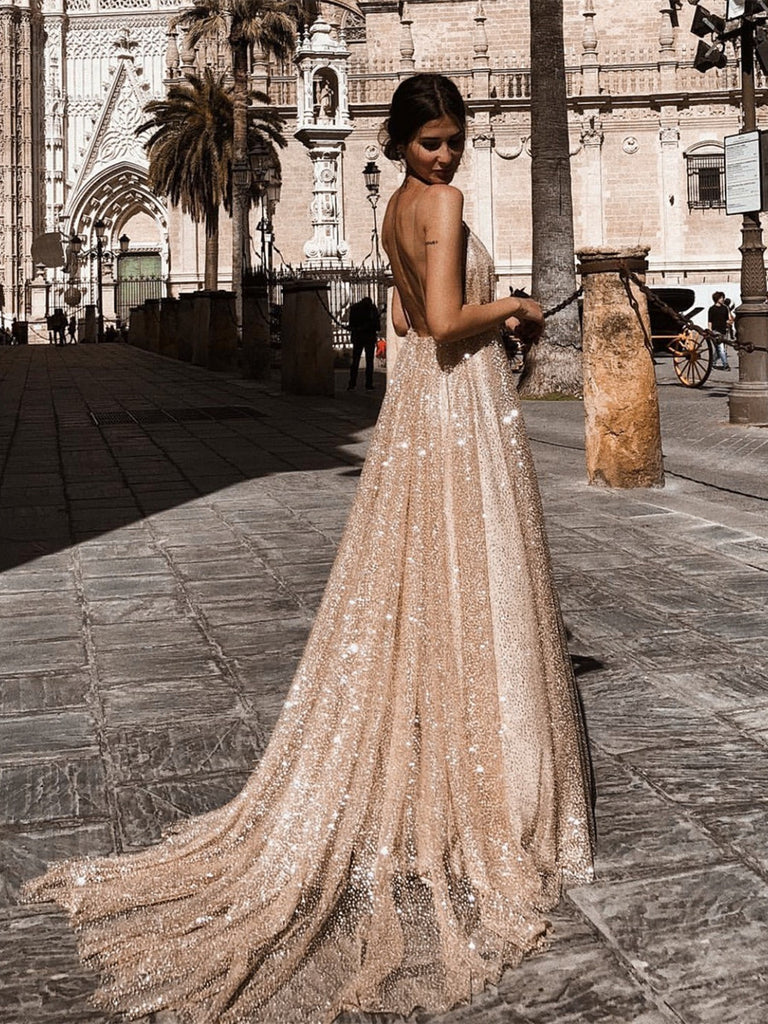 A Line V Neck Backless Champagne Long Sparkling Prom Dresses, Champagn Shiny Party A Line V Neck Backless Champagne Long Sparkling Prom Dresses, Champagn Shiny Party