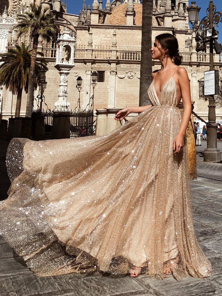 A Line V Neck Backless Champagne Long Sparkling Prom Dresses, Champagne Prom Gown, Formal Dresses A Line V Neck Backless Champagne Long Sparkling Prom Dresses, Champagne Prom Gown, Formal Dresses