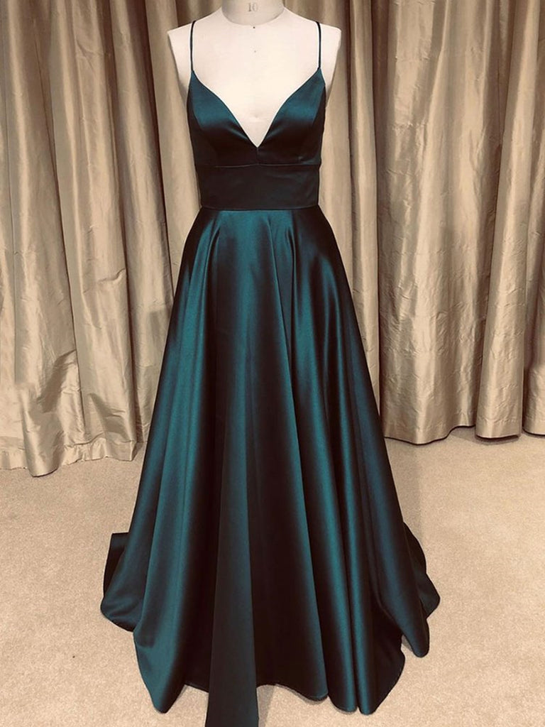 A Line V Neck Backless Dark Green Long Prom Dresses, Simple V Neck Dar Shiny Party A Line V Neck Backless Dark Green Long Prom Dresses, Simple V Neck Dar Shiny Party