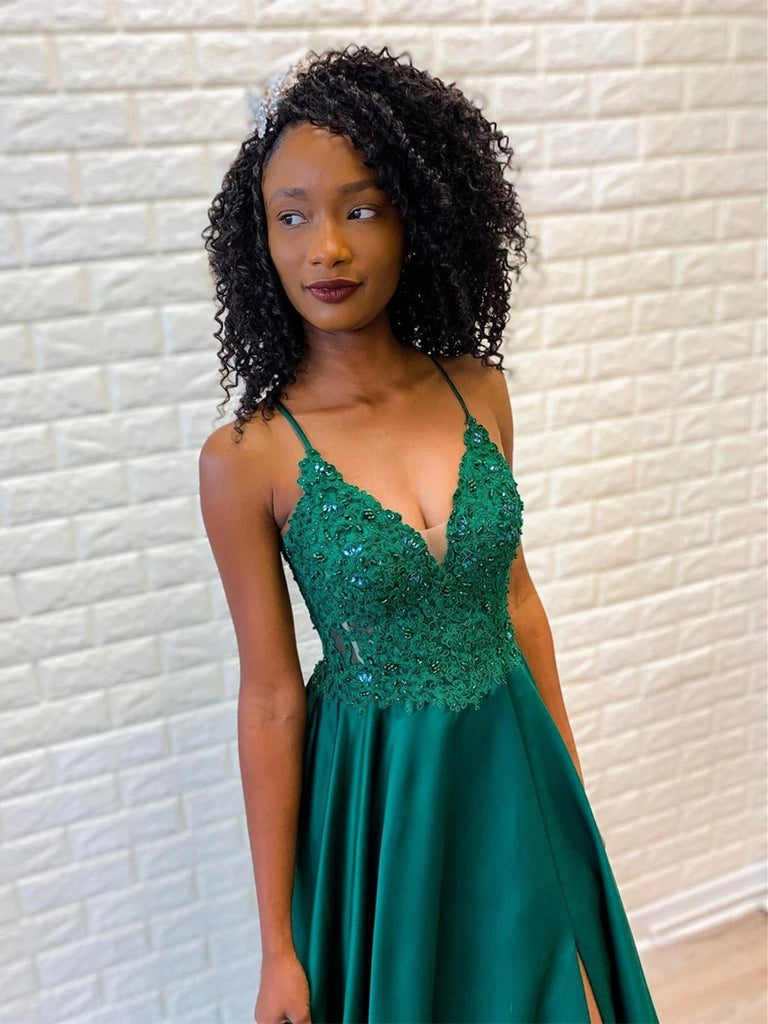 A Line V Neck Backless Lace Green Prom Dresses with Split, Backless Green Lace Formal Dresses, Green Lace Evening Dresses A Line V Neck Backless Lace Green Prom Dresses with Split, Backless Green Lace Formal Dresses, Green Lace Evening Dresses