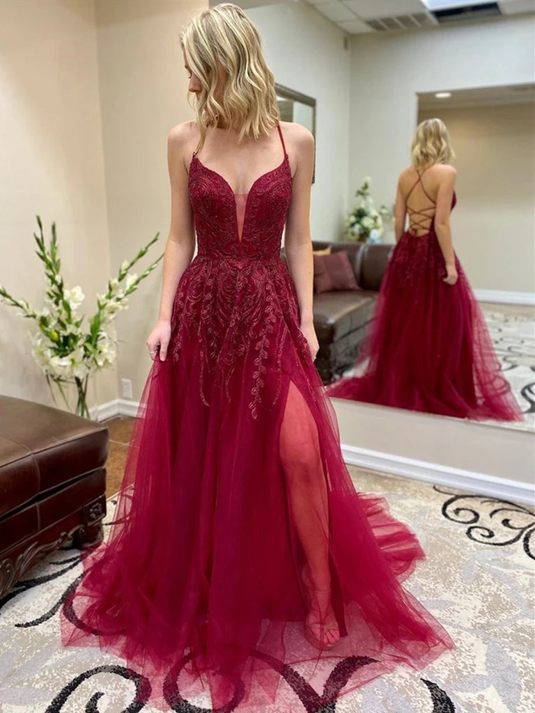 Illusion Lace Long Sleeve Maroon Satin Prom Dress - Xdressy