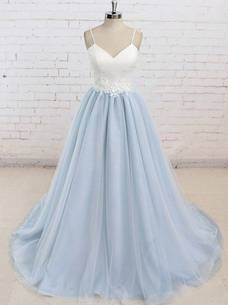 A Line V Neck Backless Light Blue Tulle Long Prom Dresses with White Lace Appliques, Light Blue Graduation Dresses, Light Blue Formal Evening Dresses A Line V Neck Backless Light Blue Tulle Long Prom Dresses with White Lace Appliques, Light Blue Graduation Dresses, Light Blue Formal Evening Dresses