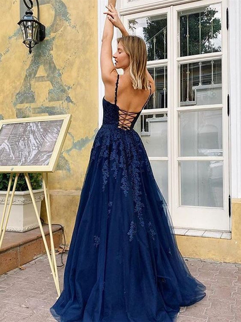 A Line V Neck Backless Navy Blue Lace Long Prom Dresses 2020, Open Bac Shiny Party A Line V Neck Backless Navy Blue Lace Long Prom Dresses 2020, Open Bac Shiny Party