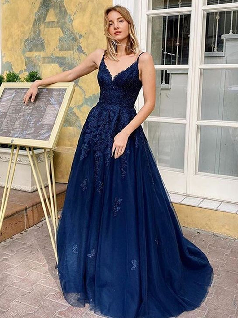 A Line V Neck Backless Navy Blue Lace Long Prom Dresses 2020, Open Back Navy Blue Lace Formal Dresses, Navy Blue Lace Evening Dresses A Line V Neck Backless Navy Blue Lace Long Prom Dresses 2020, Open Back Navy Blue Lace Formal Dresses, Navy Blue Lace Evening Dresses