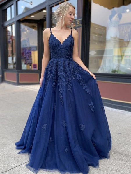 A Line V Neck Backless Navy Blue Lace Prom Dresses 2020, Backless Navy Blue Lace Formal Dresses, Navy Blue Lace Evening Dresses