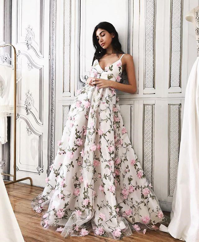 Backless Pink Lace Floral Long Prom Dresses, Pink Lace Formal Dresses, –  Shiny Party