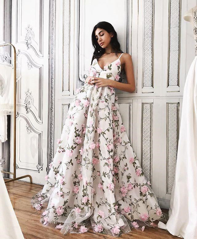 A Line V Neck Backless Pink Lace Floral White Prom Dresses, Pink 3D Flower White Formal Dresses, Evening Dresses A Line V Neck Backless Pink Lace Floral White Prom Dresses, Pink 3D Flower White Formal Dresses, Evening Dresses