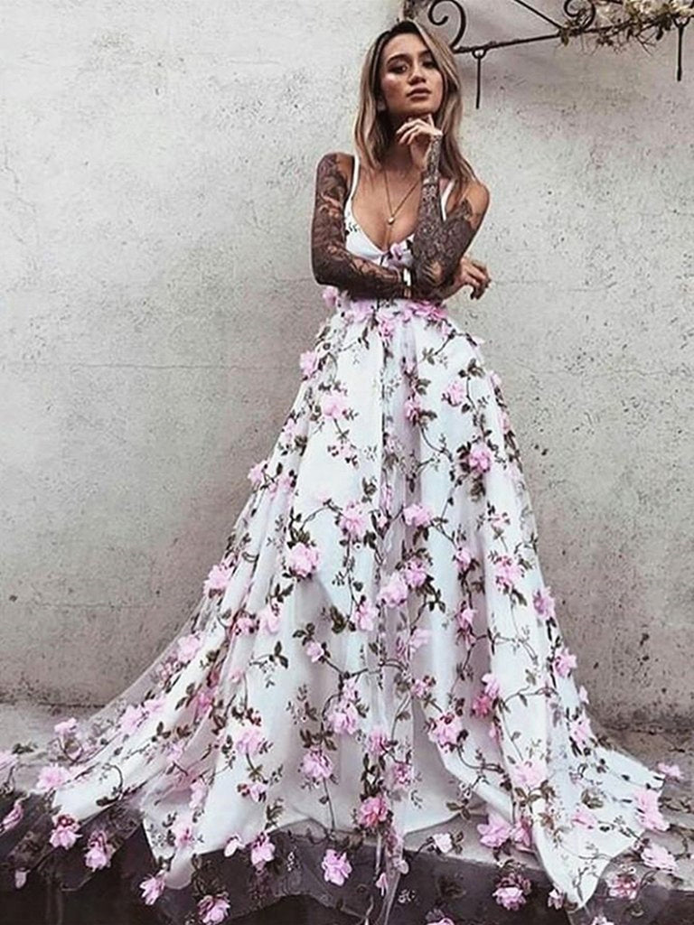 A Line V Neck Backless Pink Lace Floral White Prom Dresses, Pink 3D Flower White Formal Dresses, Evening Dresses A Line V Neck Backless Pink Lace Floral White Prom Dresses, Pink 3D Flower White Formal Dresses, Evening Dresses