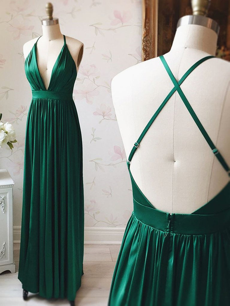 A Line V Neck Backless Pleated Emerald Green Long Prom Dresses, V Neck Backless Emerald Green Formal Graduation Evening Dresses
