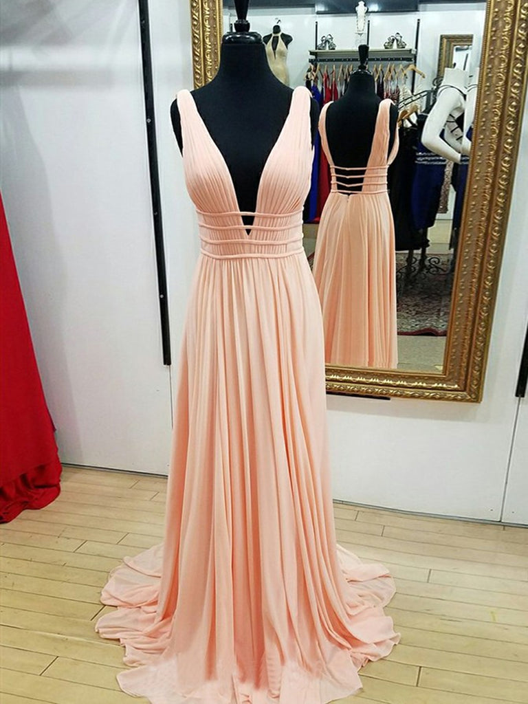 A Line V Neck Backless Pleated Pearl Pink/Navy Blue Chiffon Long Prom Shiny Party A Line V Neck Backless Pleated Pearl Pink/Navy Blue Chiffon Long Prom Shiny Party