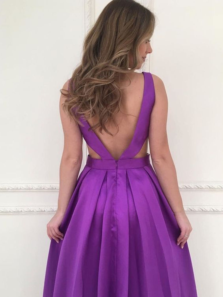 Simple V Neck Backless Purple Satin Long Prom Dresses, V Neck Purple F –  Shiny Party