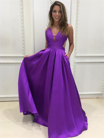 A Line V Neck Backless Purple Satin Long Prom Dresses, Backless Purple Ball Gown, V Neck Purple Formal Graduation Evening Dresses