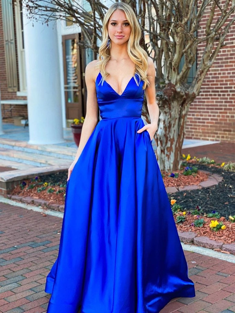 Royal Blue Satin Spaghetti Strap Scoop Backless A-line Prom Dresses,PD –  AlineBridal