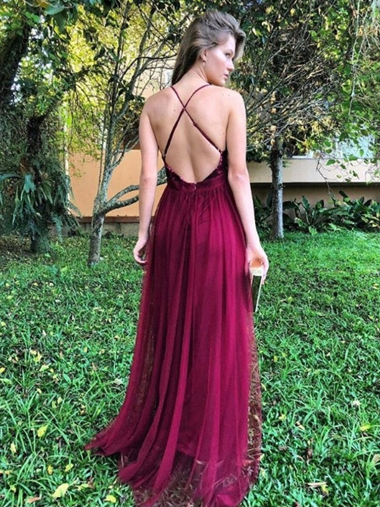 A Line V Neck Backless Sequins Top Burgundy Prom Dresses with Slit, V Neck Backless Burgundy Formal Dresses, Burgundy Evening Dresses A Line V Neck Backless Sequins Top Burgundy Prom Dresses with Slit, V Neck Backless Burgundy Formal Dresses, Burgundy Evening Dresses