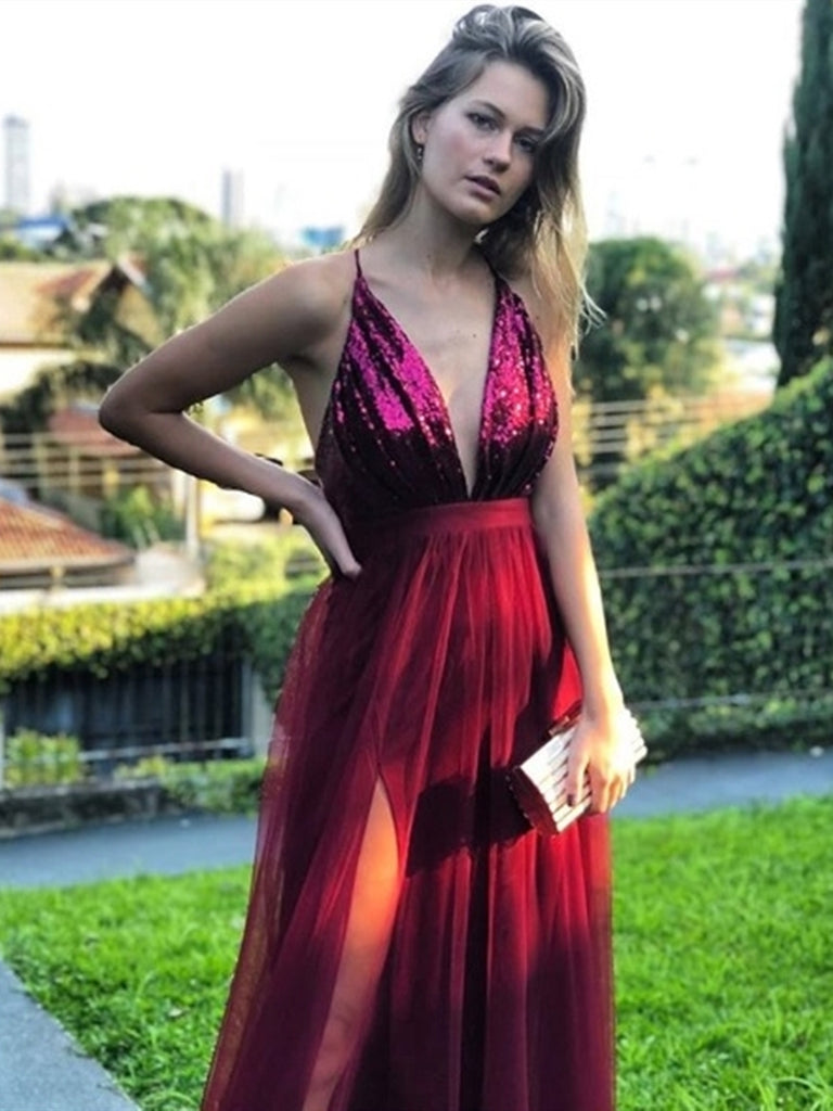 A Line V Neck Backless Sequins Top Burgundy Prom Dresses with Slit, V Neck Backless Burgundy Formal Dresses, Burgundy Evening Dresses A Line V Neck Backless Sequins Top Burgundy Prom Dresses with Slit, V Neck Backless Burgundy Formal Dresses, Burgundy Evening Dresses