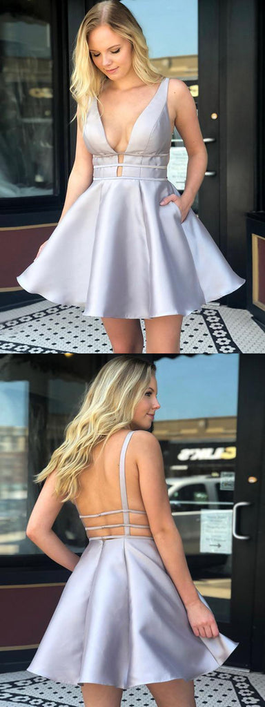 A Line V Neck Backless Silver Gray Short Prom Dresses Homecoming Dress Shiny Party A Line V Neck Backless Silver Gray Short Prom Dresses Homecoming Dress Shiny Party