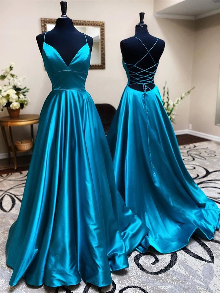 A Line V Neck Backless Teal Satin Long Prom Dresses, Open Back V Neck Blue Formal Graduation Evening Dresses A Line V Neck Backless Teal Satin Long Prom Dresses, Open Back V Neck Blue Formal Graduation Evening Dresses