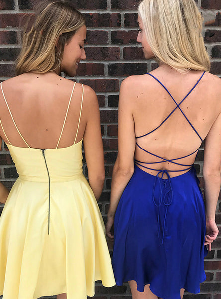 A Line V Neck Backless Yellow/Royal Blue Short Prom Dresses Homecoming Dresses, Backless Royal Blue/Yellow Formal Graduation Evening Dresses