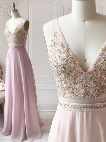 A Line V Neck Beaded Lace Pink Long Prom Dresses, Pink Lace Formal Dresses, Pink Evening Dresses, Bridesmaid Dresses