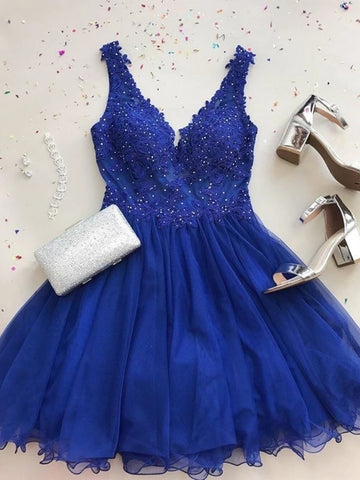 A Line V Neck Beaded Lace Royal Blue Short Prom Dresses Homecoming Dresses, Royal Blue Lace Formal Dresses, Lace Evening Dresses