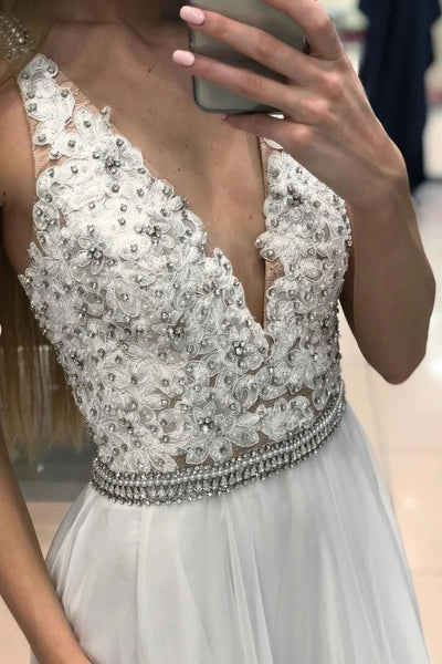 A Line V Neck Beaded Long White Lace Prom Dresses with Belt, V Neck White Lace Formal Dresses, Lace White Evening Dresses