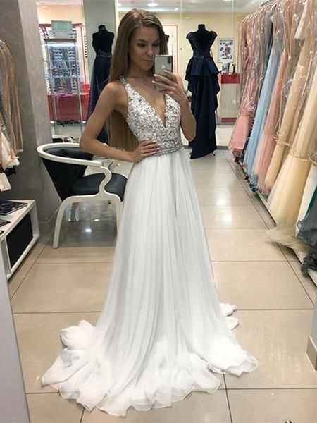A Line V Neck Beaded Long White Lace Prom Dresses with Belt, V Neck White Lace Formal Dresses, Lace White Evening Dresses