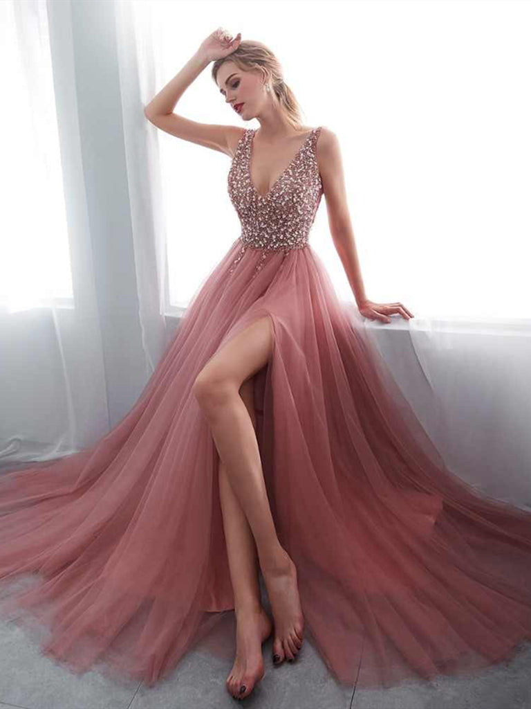 V Neck Pink Lace Prom Gown with Corset Back, Pink Lace Corset Back