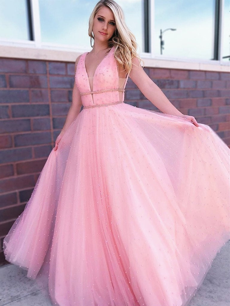 A Line V Neck Beaded Tulle Long Pink Prom Dresses with Beadings, V Neck Pink Formal Dresses, Pink Evening Dresses
