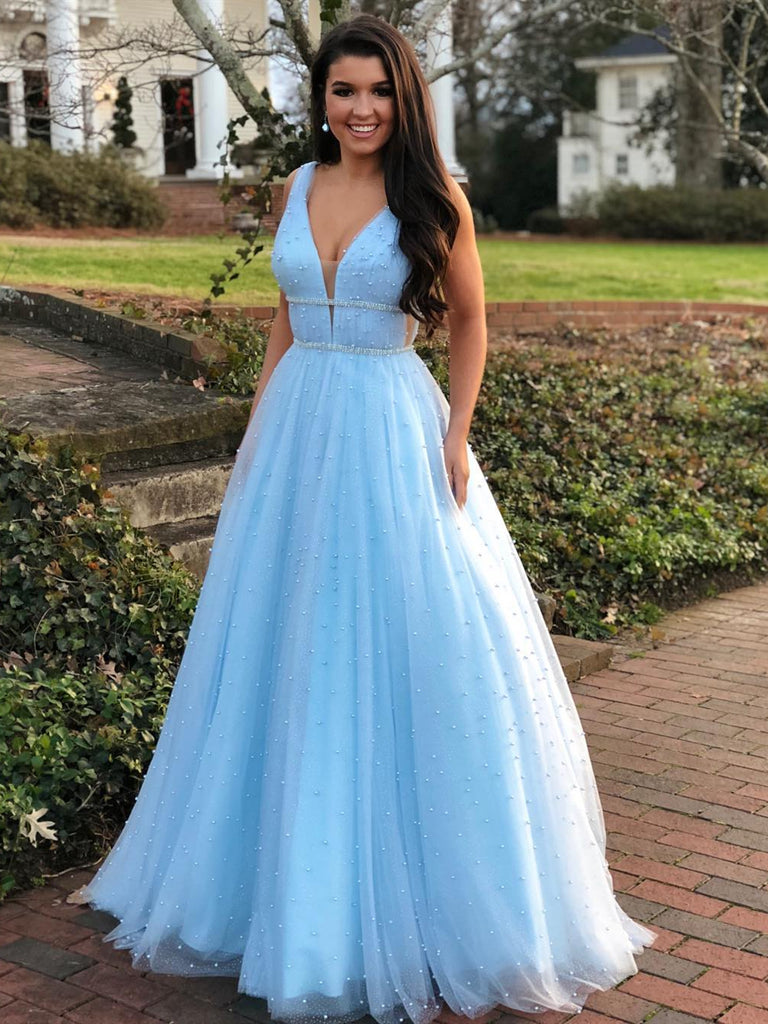 A Line V Neck Beading Light Blue Long Prom Dresses with Beaded Belt, Blue Formal Dresses, Evening Dresses A Line V Neck Beading Light Blue Long Prom Dresses with Beaded Belt, Blue Formal Dresses, Evening Dresses
