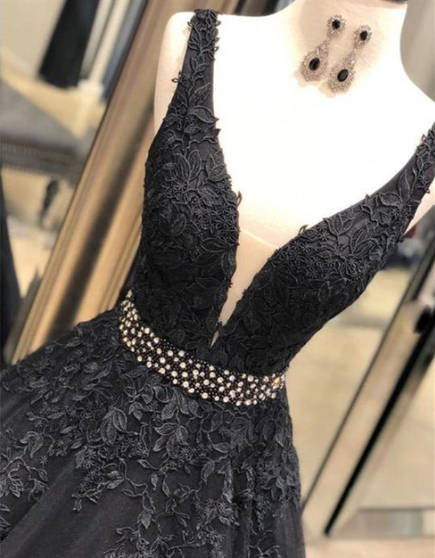 V Neck Black Lace Long Sleeves Prom Dresses with High Slit, Long Sleev –  morievent