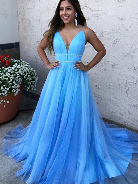 A Line V Neck Blue Long Prom Dresses with Thin Belt, Blue Formal Dresses, Evening Dresses