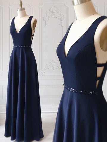 A Line V Neck Dark Navy Blue Long Prom Dresses with Beading Belt, Dark Navy Blue Formal Dresses, Evening Dresses