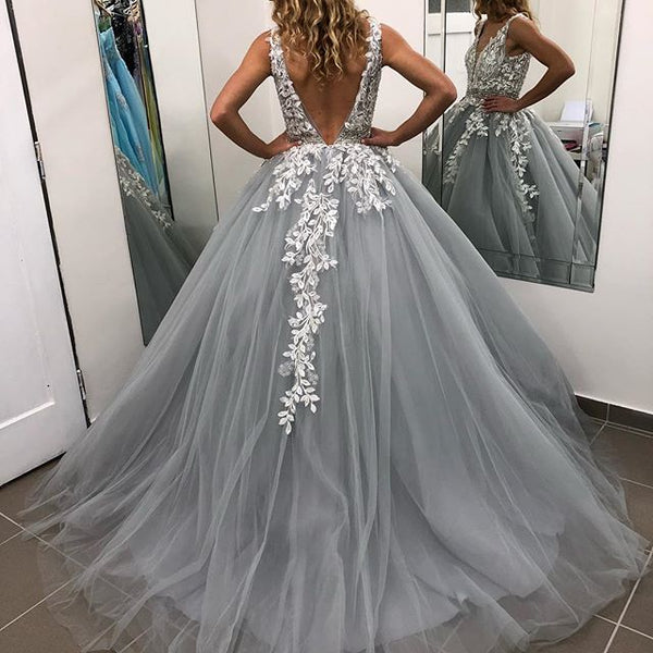 A Line V Neck Floor Length Backless Lace Gray Long Prom Dresses, Lace Gray Formal Dresses, V Neck Lace Gray Evening Dresses