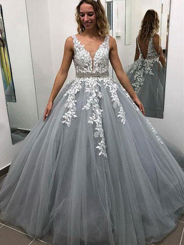 A Line V Neck Floor Length Backless Lace Gray Long Prom Dresses, Lace Gray Formal Dresses, V Neck Lace Gray Evening Dresses